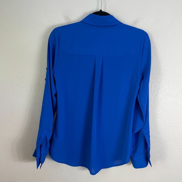 Express Portofino Shirt Womens XS Royal Blue Button Up Roll Tab Sleeve Blouse - Picture 7 of 7